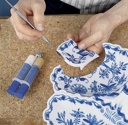Reassembling broken blue and white porcelain during restoration