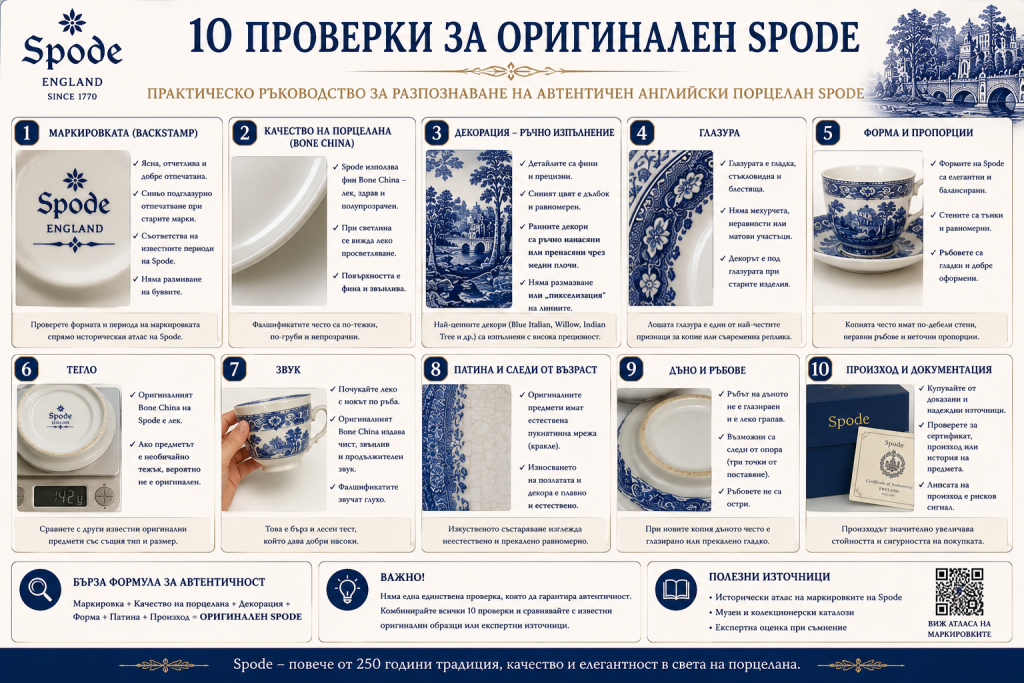 Инфографика с 10 основни проверки за разпознаване на оригинален английски порцелан Spode, включваща маркировки, Bone China, декорация, глазура, форма, тегло, звук, патина, дъно и произход.