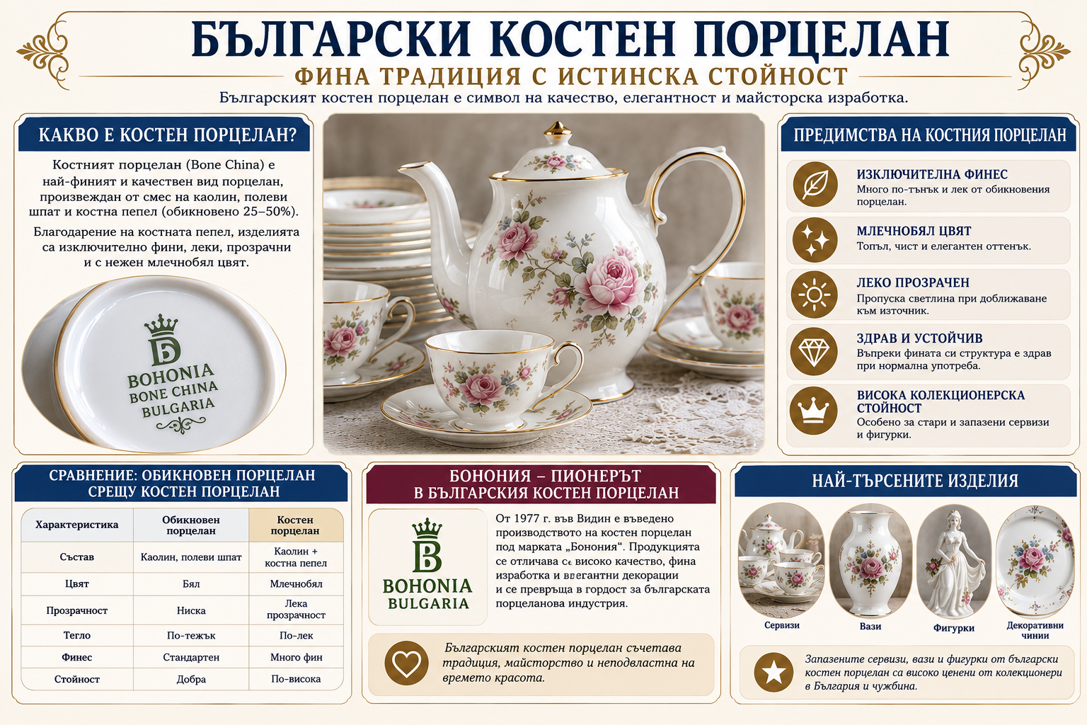 Български костен порцелан Инфографика за българския костен порцелан