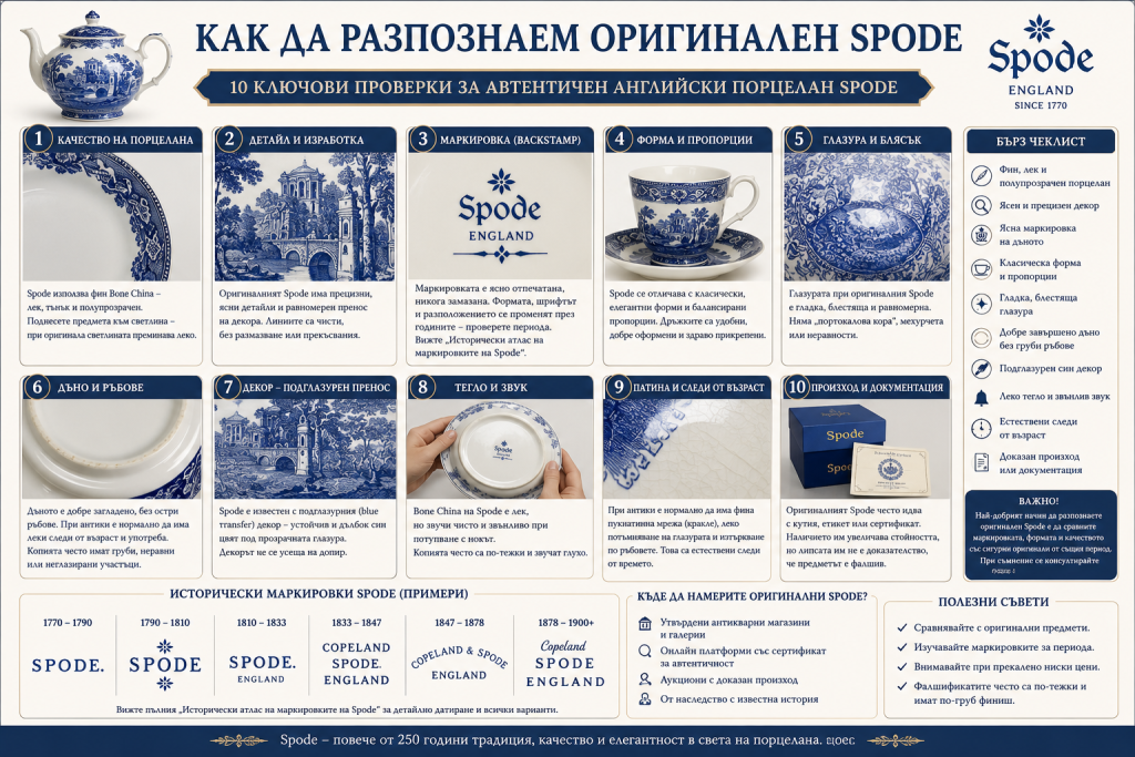 Инфографика, показваща как да разпознаем оригинален английски порцелан Spode чрез маркировки, качество на порцелана, декорация, глазура, форма, патина и други признаци за автентичност.