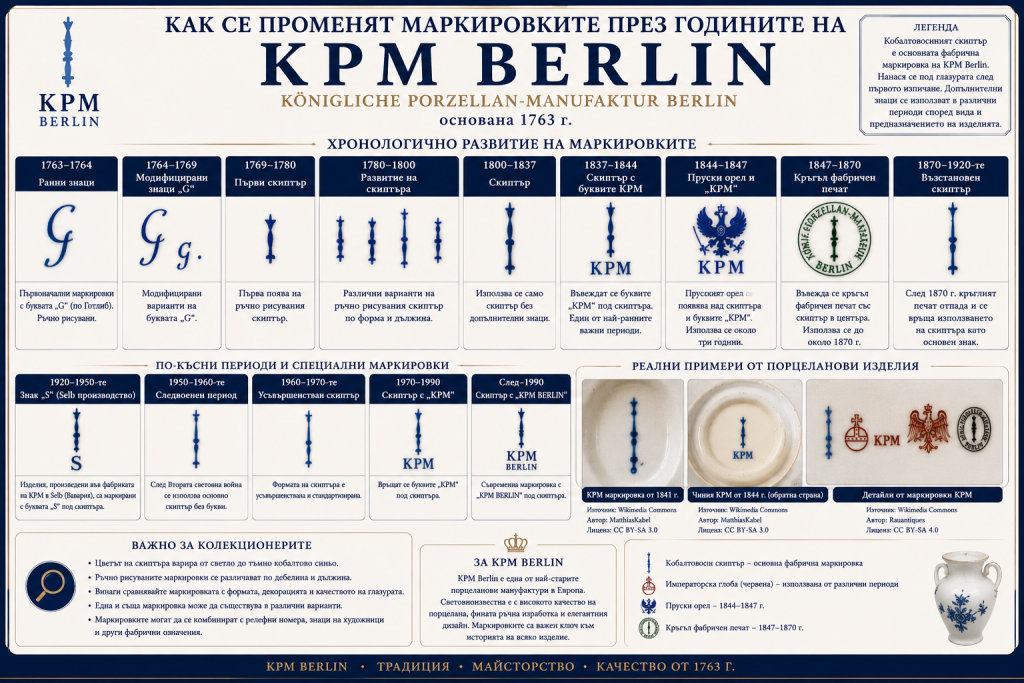 Хронологично развитие на маркировките на KPM Berlin от 1763 г. до наши дни, показващо еволюцията на кобалтовия скиптър, буквите KPM, пруския орел и фабричните печати.