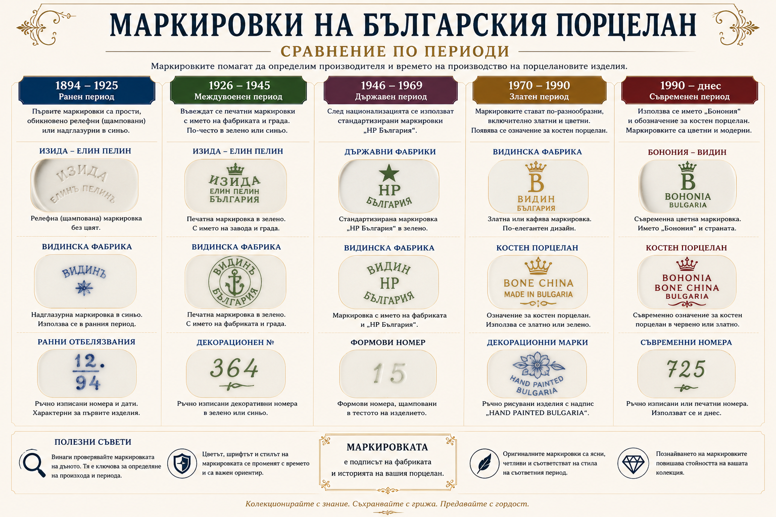 Маркировки на българския порцелан Сравнение на маркировките на българския порцелан през различни производствени периоди