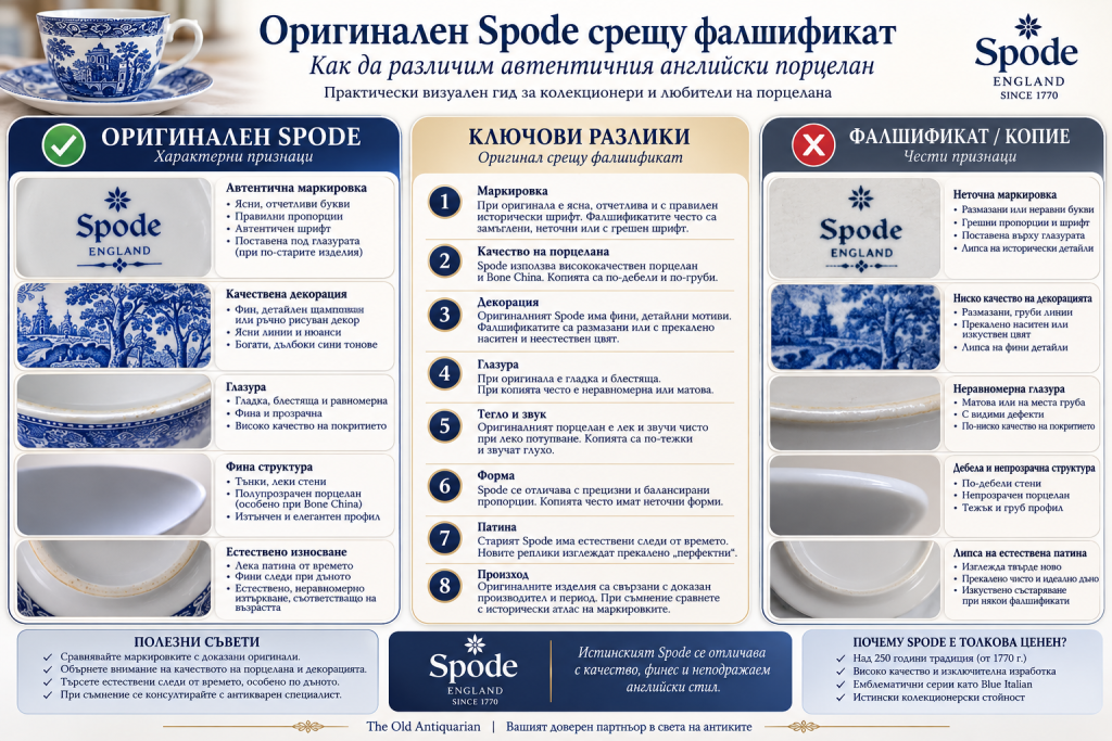 Инфографика, сравняваща оригинален английски порцелан Spode с фалшификати и копия. Показва разликите в маркировките, декорацията, глазурата, формата, качеството на порцелана, патината и други признаци за автентичност.