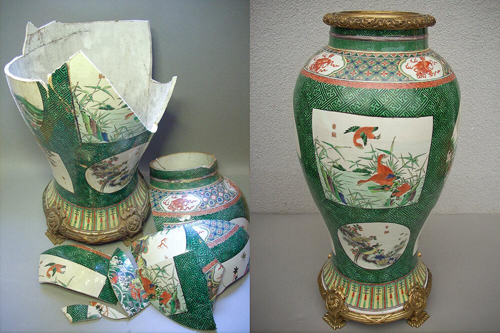 Professional restoration of a large antique porcelain vase