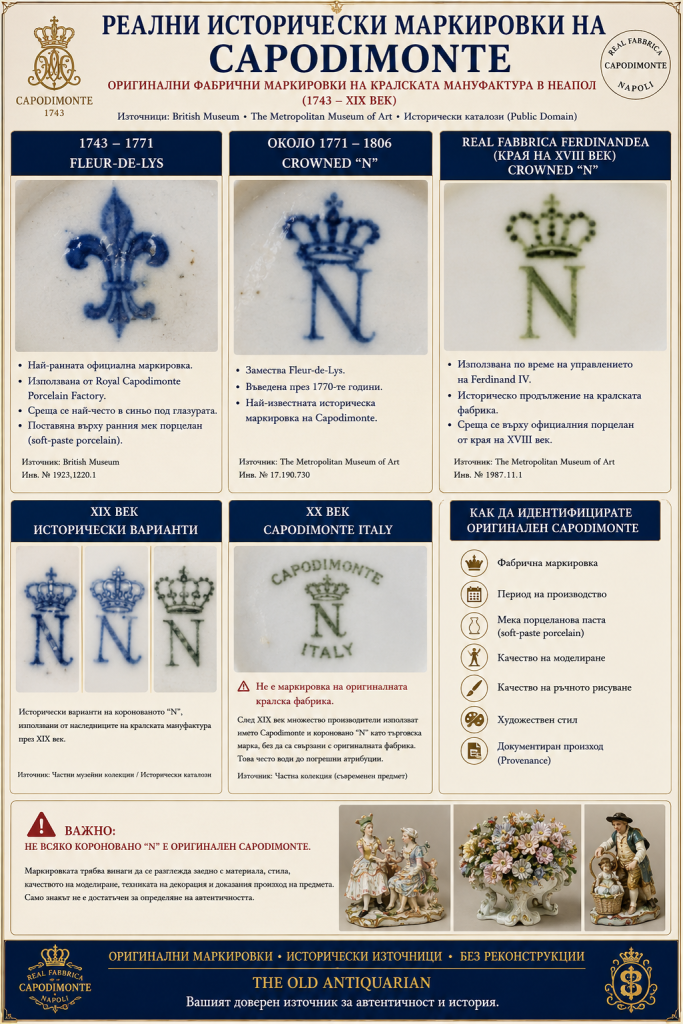 Оригинални исторически маркировки на Capodimonte – Fleur-de-Lys, Crowned N, Real Fabbrica Ferdinandea и исторически варианти за идентификация на автентичен италиански порцелан.