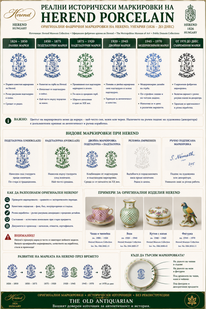 Оригинални исторически маркировки на Herend Porcelain – фабрични марки, гербове, подглазурни и надглазурни знаци, релефни маркировки и подписи на художници за идентификация на автентичен унгарски порцелан.