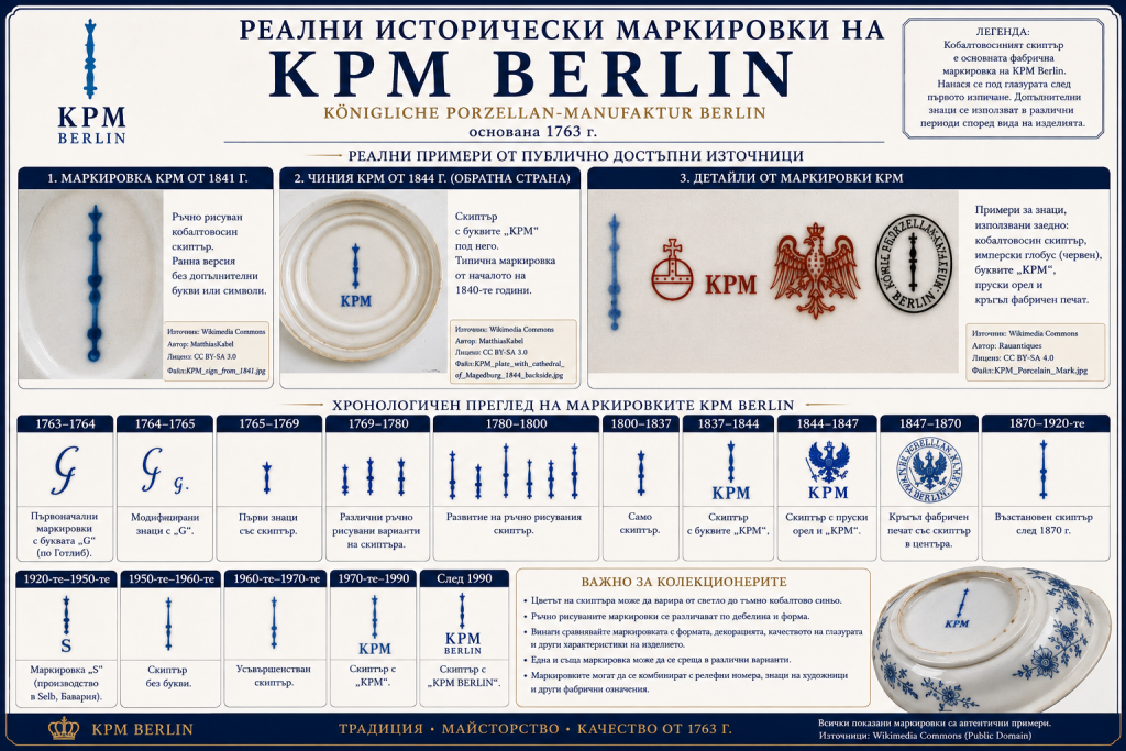 Реални исторически маркировки и фабрични знаци на KPM Berlin от 1763 г. до съвременния период, включително кобалтовия скиптър, буквите KPM, пруския орел и кръглия фабричен печат.