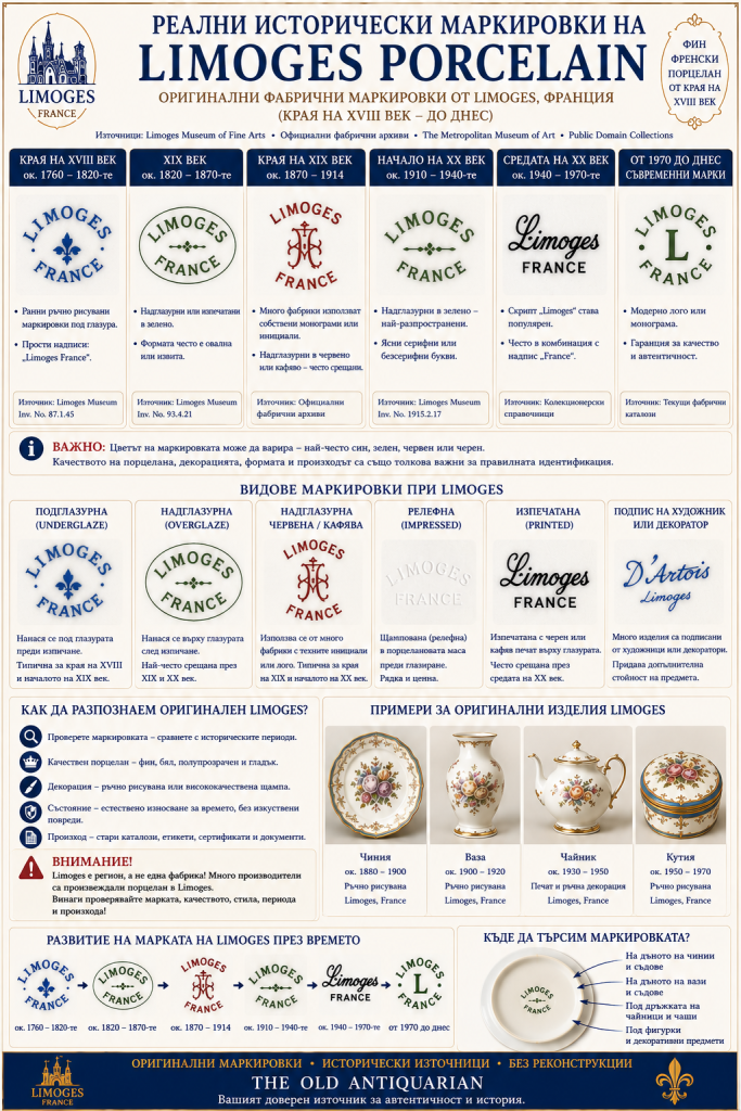 Оригинални исторически маркировки на Limoges – фабрични марки, монограми, знаци на производители и художници, използвани за идентификация на автентичен френски порцелан Limoges.