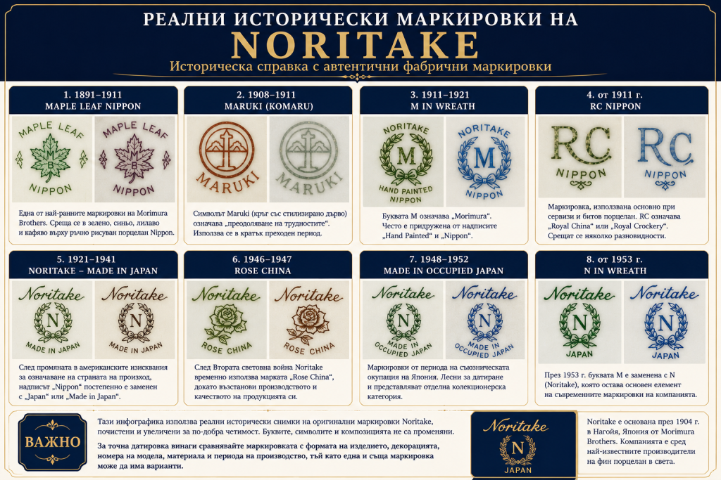 Реални исторически маркировки на Noritake от 1891 г. до съвременния период