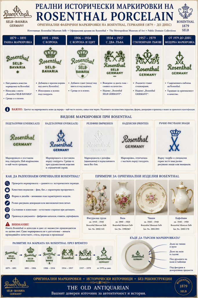 Оригинални исторически маркировки на Rosenthal Porcelain – ранни маркировки Rosenthal Selb-Bavaria, корони, щитове, исторически варианти и съвременни фабрични марки за идентификация на автентичен немски порцелан.