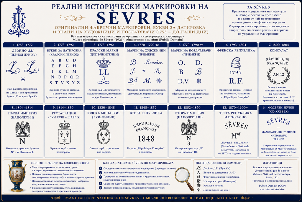 Реални исторически маркировки на порцелан Sèvres, показващи развитието на фабричните маркировки, буквите за датировка, знаците на художниците и позлатявачите от 1753 г. до наши дни.