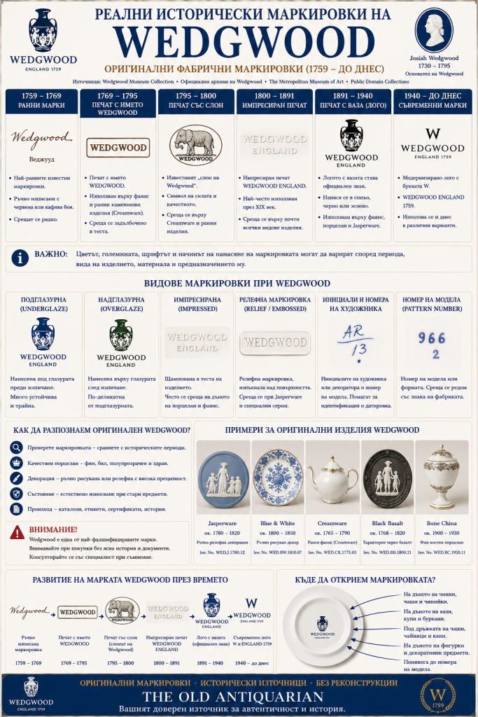 Оригинални исторически маркировки на Wedgwood – ранни фабрични знаци, импресирани маркировки, WEDGWOOD ENGLAND, Jasperware, Creamware, Black Basalt, инициали на художници и номера на модели за идентификация на автентичен английски порцелан и керамика.