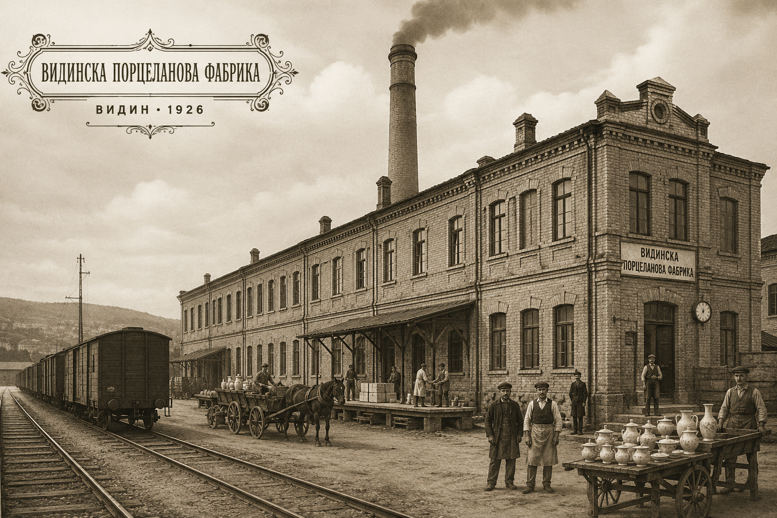 Видинска порцеланова фабрика – художествена реконструкция Авторска историческа илюстрация на Видинската порцеланова фабрика около 1926 година