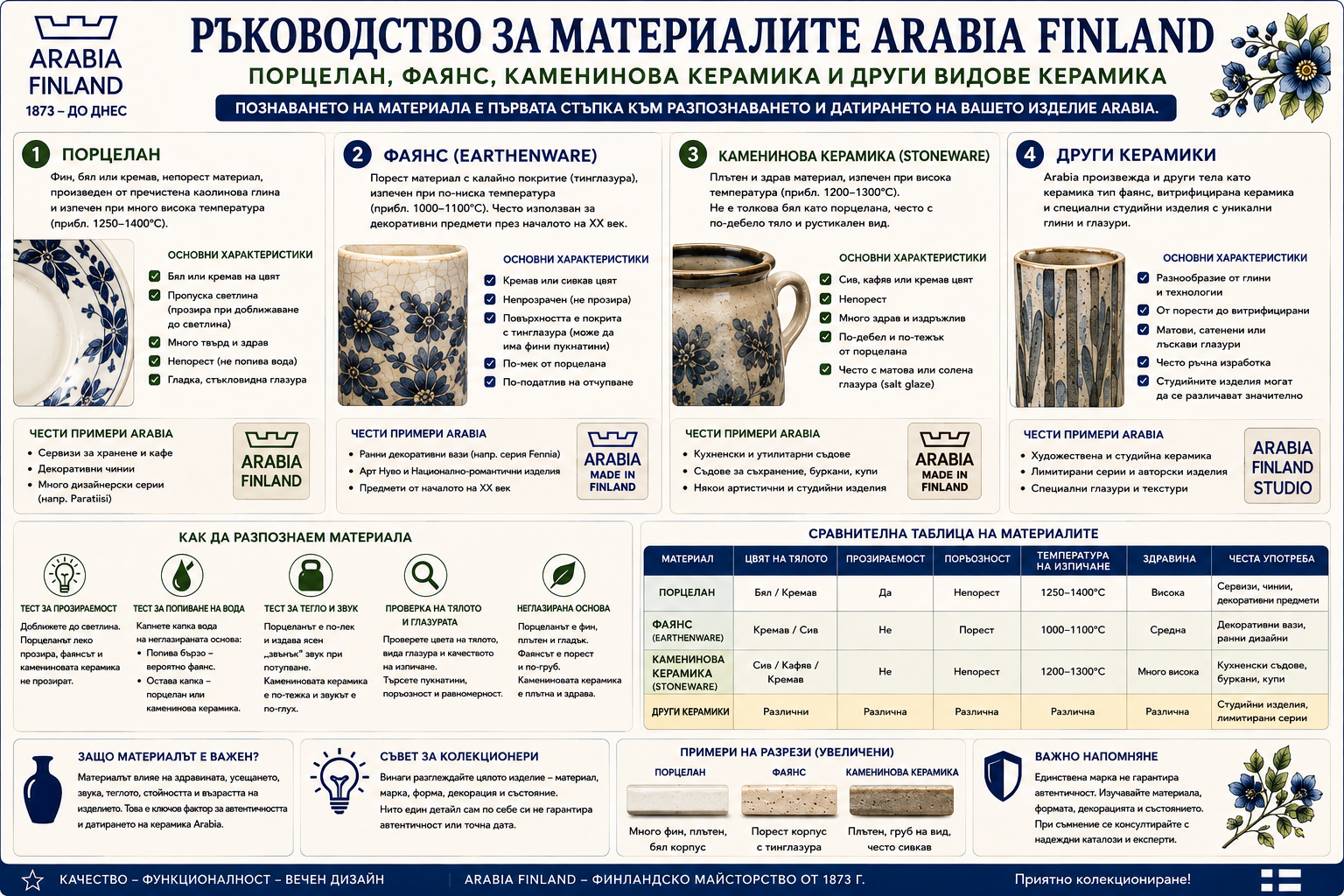 Arabia Finland материали – порцелан, фаянс и каменинова керамика