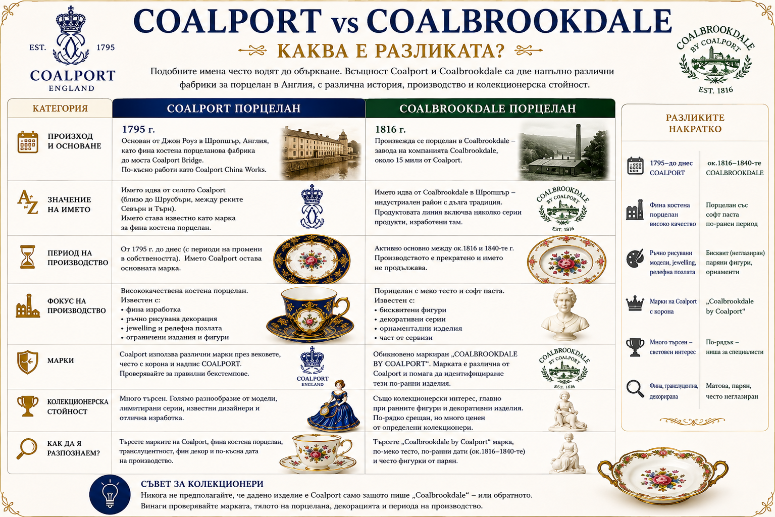 Coalport и Coalbrookdale порцелан – разлика, марки и разпознаване