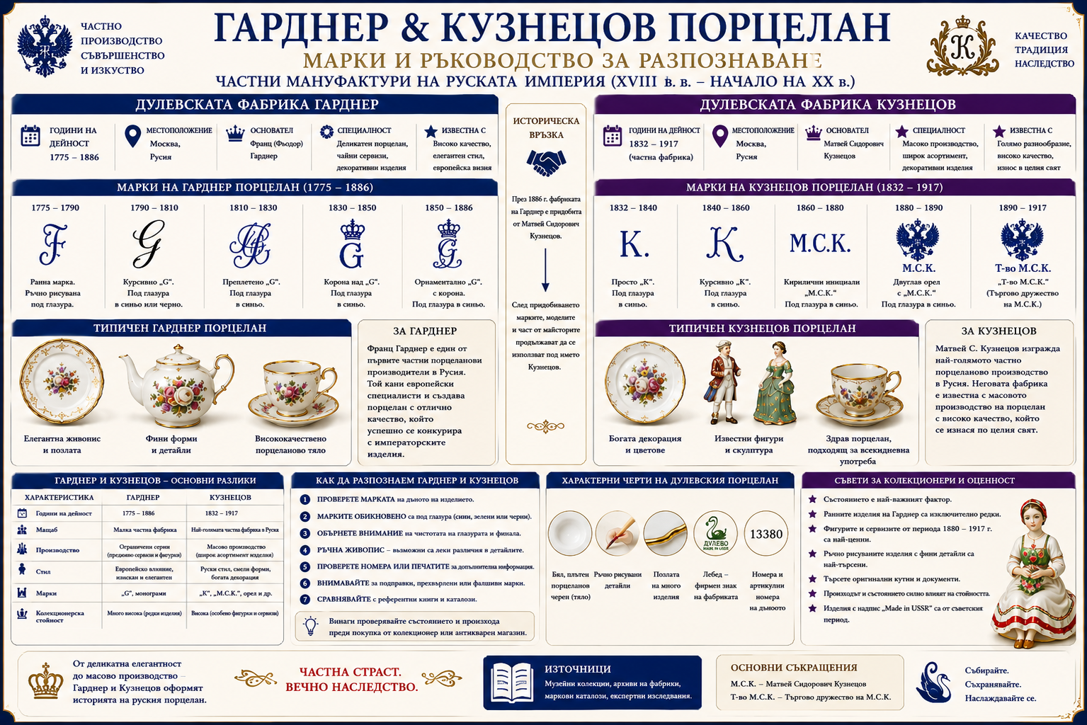 Gardner и Kuznetsov руски порцелан – марки и разпознаване