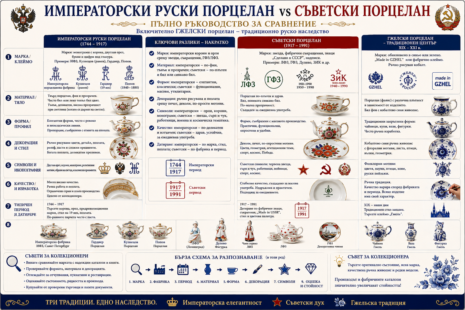 Императорски руски срещу съветски порцелан и Гжел – разлики и разпознаване
