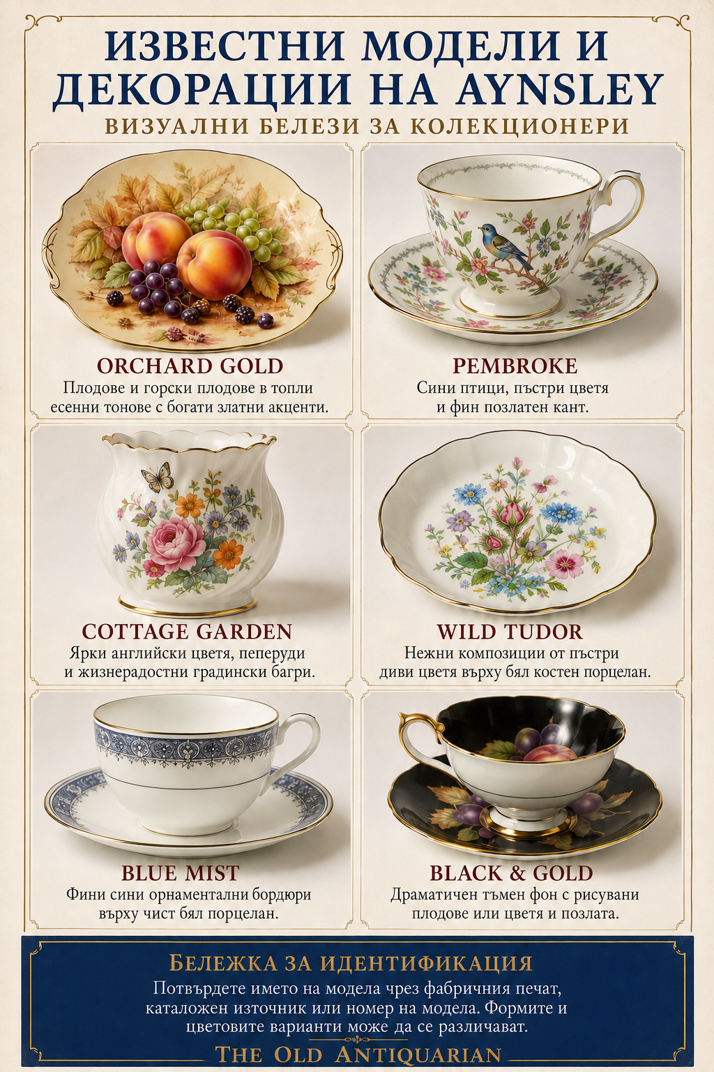 Известни модели и декорации Aynsley Известни модели и декорации Aynsley – Orchard Gold, Pembroke, Cottage Garden, Wild Tudor, Blue Mist и Black and Gold