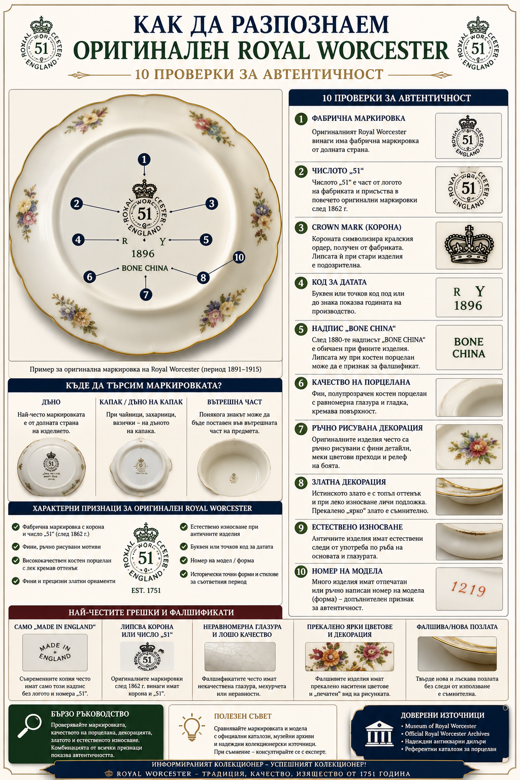 Как да разпознаем оригинален Royal Worcester чрез маркировка, порцелан и декорация