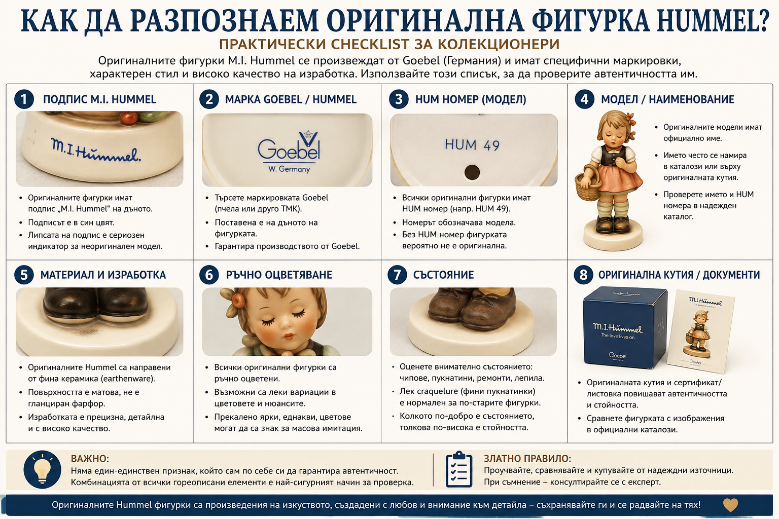 Как да разпознаем оригинална фигурка Hummel – практичен checklist Как да разпознаем оригинална фигурка Hummel – маркировки HUM номер и колекционерски checklist