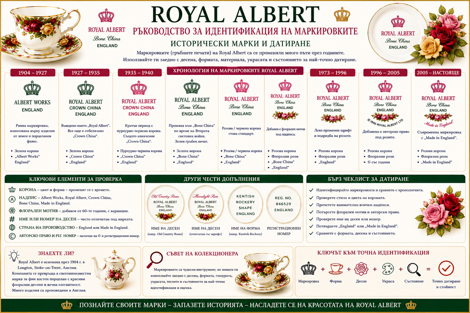 Royal Albert маркировки и гръбни печати за идентификация и датиране