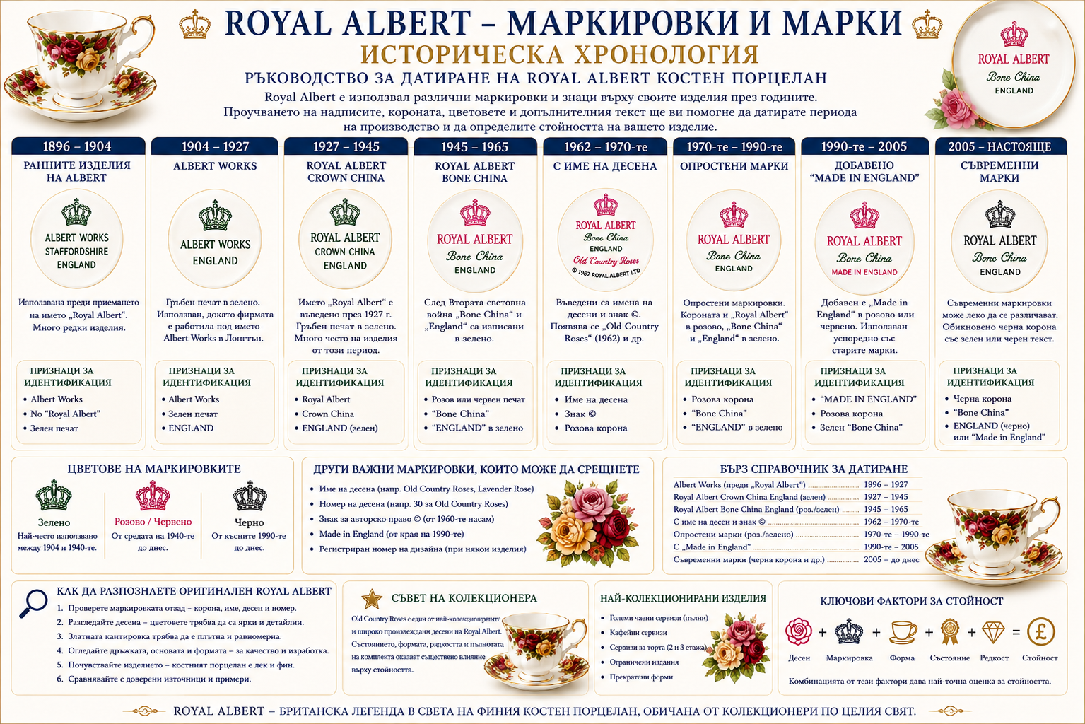 Royal Albert маркировки и марки за датиране на костен порцелан