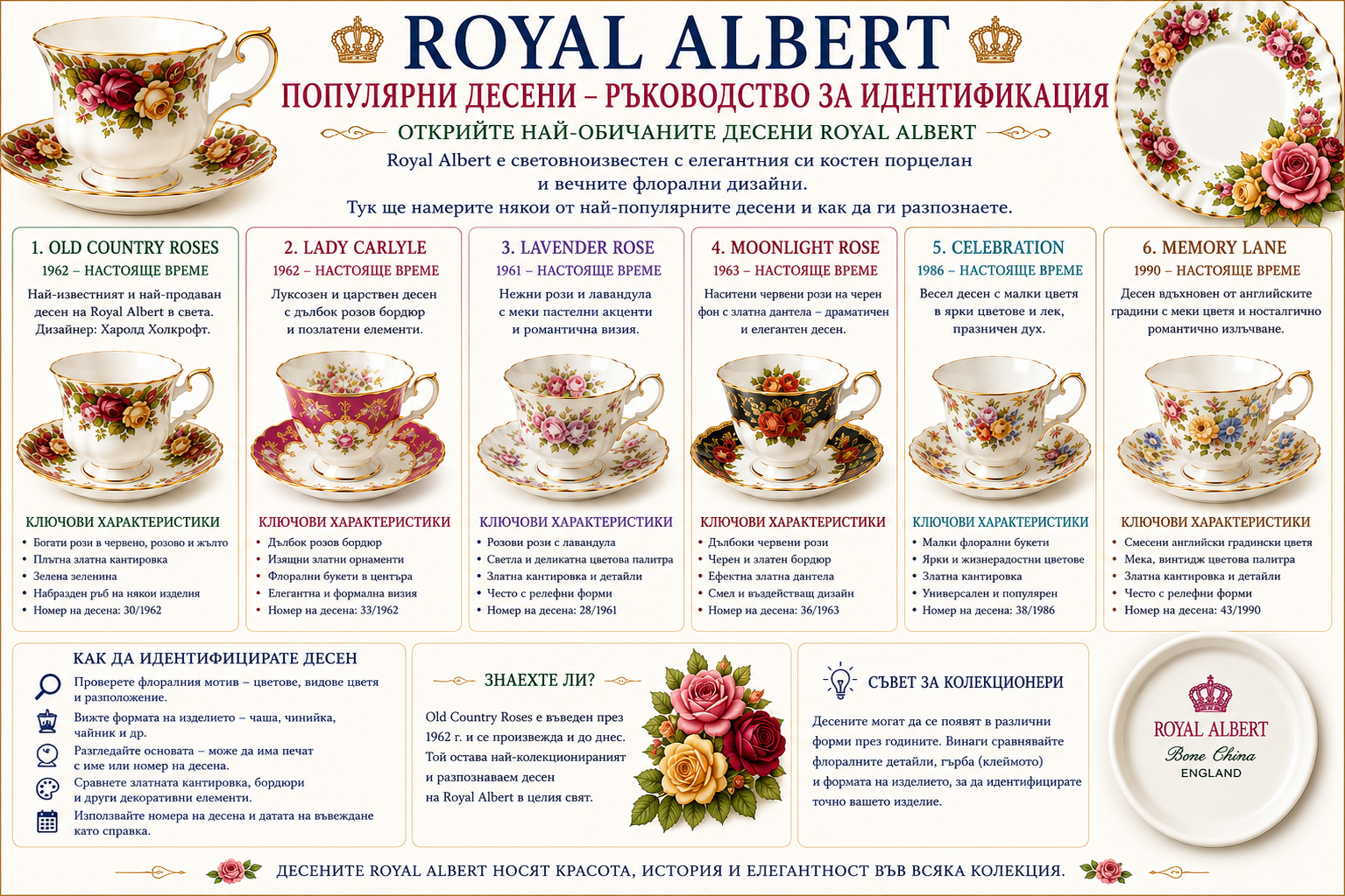 Royal Albert популярни десени – ръководство за идентификация на английски костен порцелан