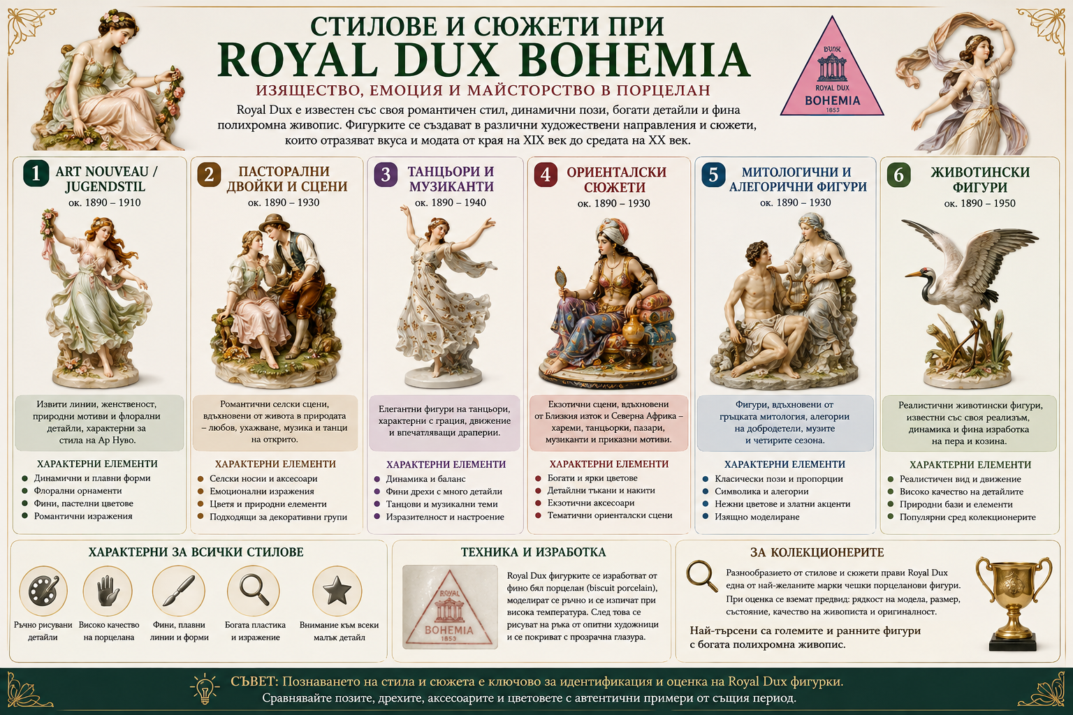 Royal Dux Bohemia – стилове и сюжети при фигурките Royal Dux Bohemia фигурки Art Nouveau пасторални двойки танцьори ориенталски митологични и животински сюжети