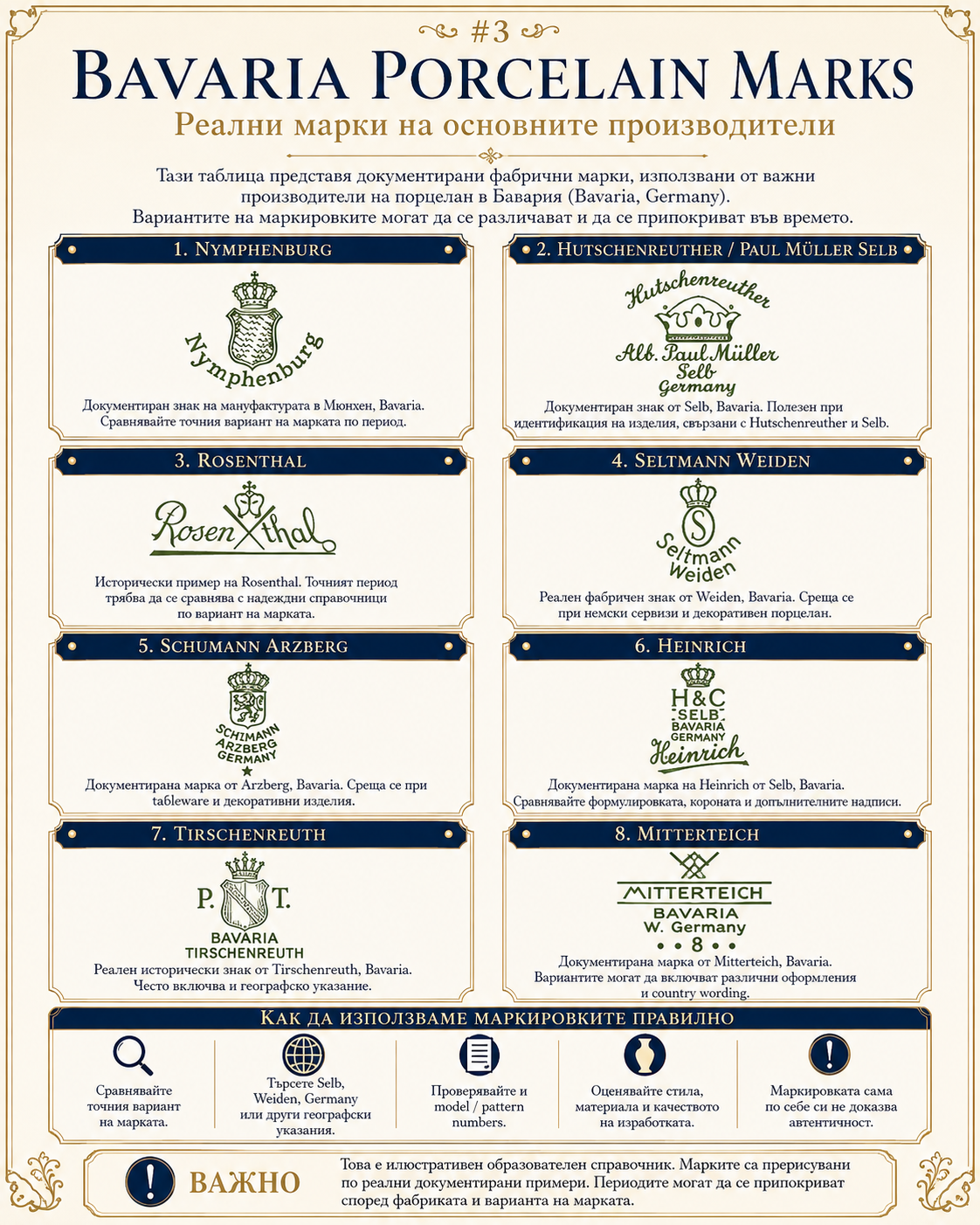 Bavaria Porcelain Marks – 8 основни производители Bavaria Porcelain маркировки на 8 основни производители Nymphenburg Hutschenreuther Rosenthal Seltmann Weiden Schumann Arzberg Heinrich Tirschenreuth и Mitterteich