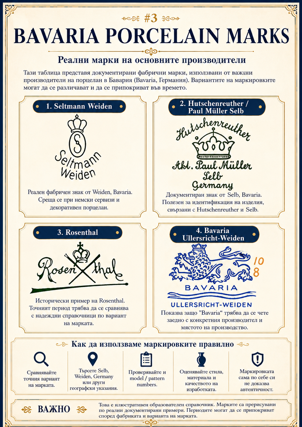 Bavaria Porcelain Marks – основни примери Bavaria Porcelain маркировки – Seltmann Weiden Hutschenreuther Rosenthal и Bavaria Ullersricht-Weiden