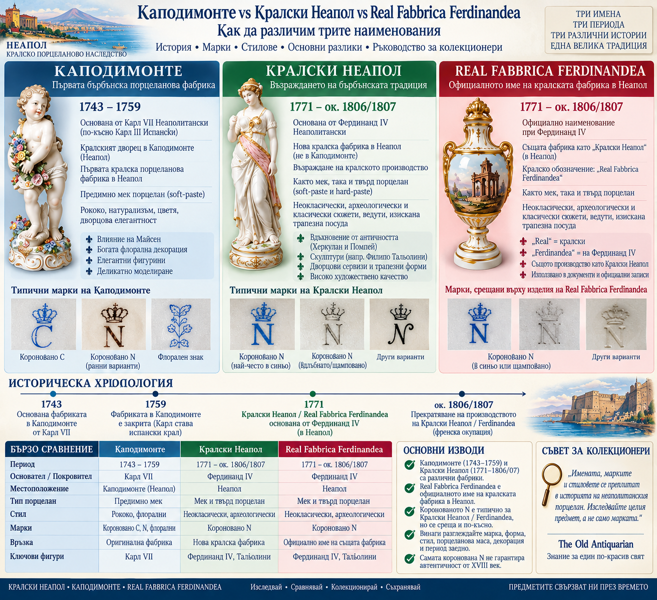 Сравнение между Каподимонте, Кралски Неапол и Real Fabbrica Ferdinandea с периоди, маркировки и исторически разлики