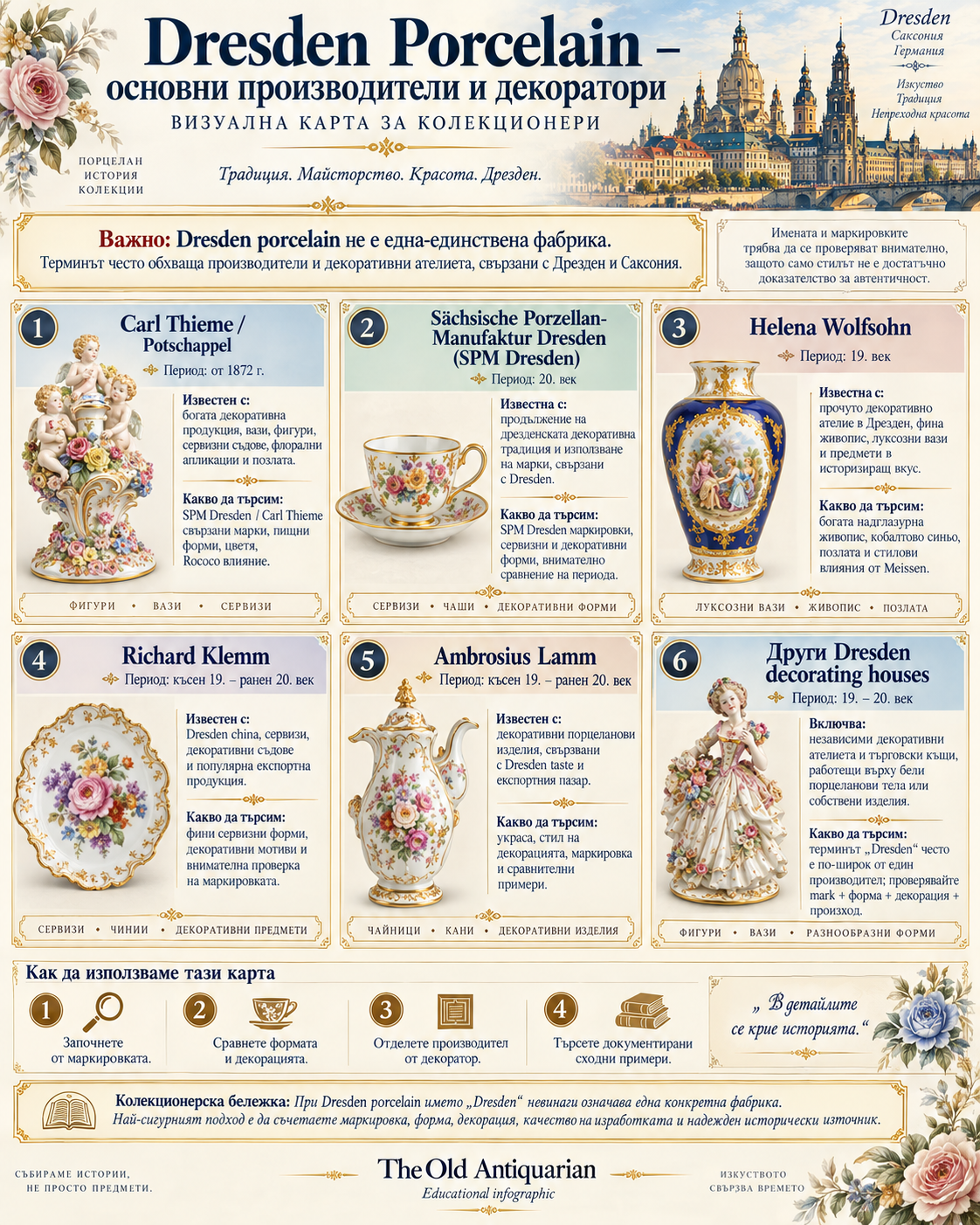 Dresden Porcelain производители и декоратори – Carl Thieme, SPM Dresden, Helena Wolfsohn, Richard Klemm и Ambrosius Lamm
