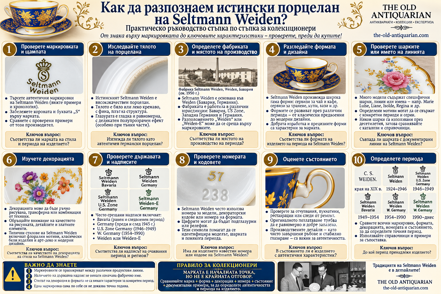 Как да разпознаем автентичен порцелан Seltmann Weiden по маркировка, порцеланово тяло, фабрика, форма, серия, декорация, държава, номера, състояние и период