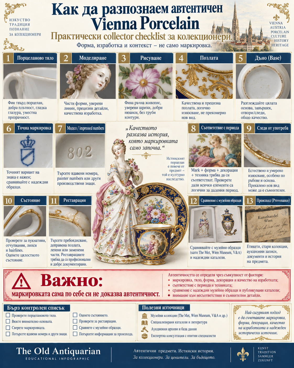 Как да разпознаем автентичен Vienna Porcelain – маркировка, модел, живопис, позлата, състояние и произход
