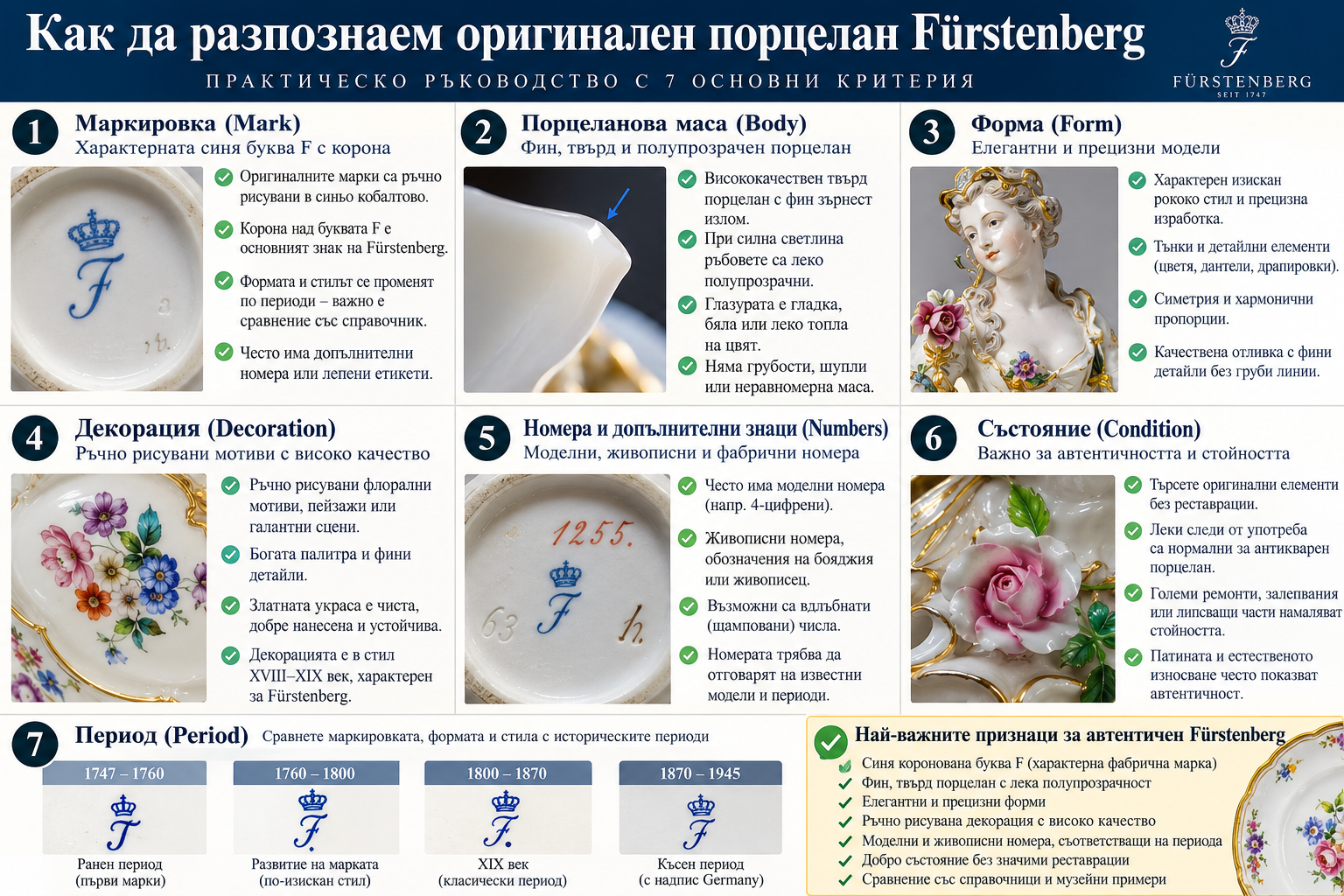 Как да разпознаем оригинален Fürstenberg порцелан по маркировка, материал, форма, декорация, номера, състояние и период