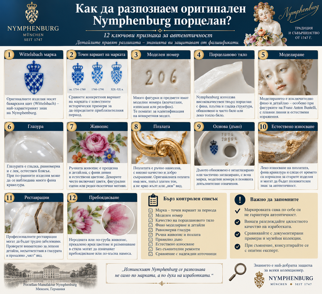 Как да разпознаем оригинален Nymphenburg порцелан Как да разпознаем оригинален Nymphenburg порцелан – Wittelsbach mark, model number, глазура, живопис, позлата и реставрации