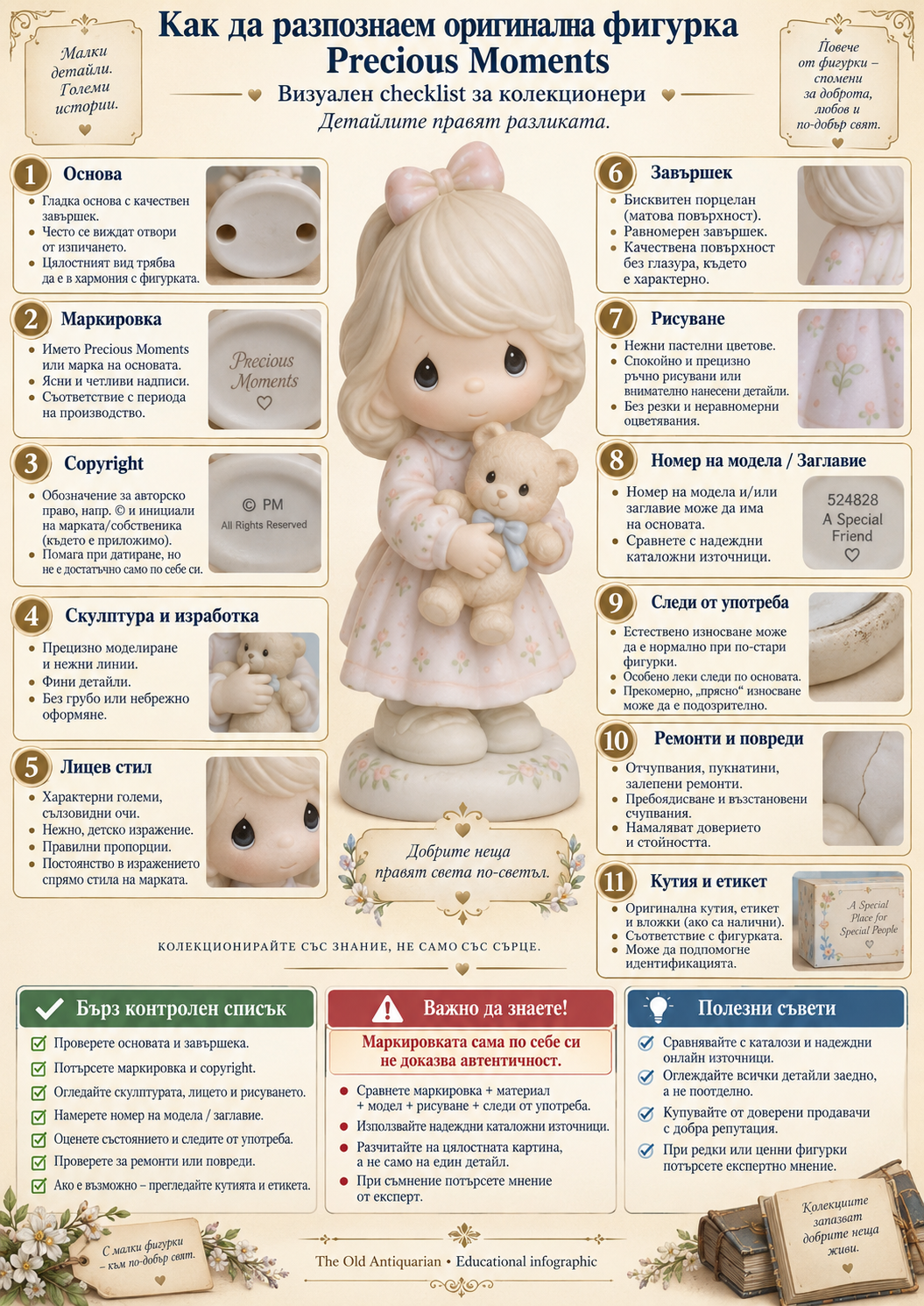 Как да разпознаем оригинална Precious Moments фигурка – основа, маркировка, copyright, изработка, лице, модел, състояние и кутия