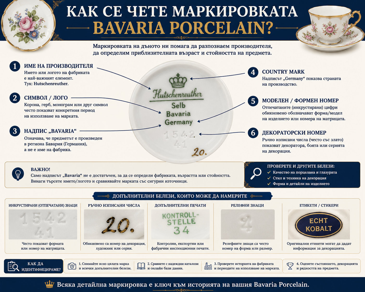 Как се чете маркировката на Bavaria Porcelain Как се чете маркировка Bavaria Porcelain – производител Bavaria Germany номера и декораторски знаци