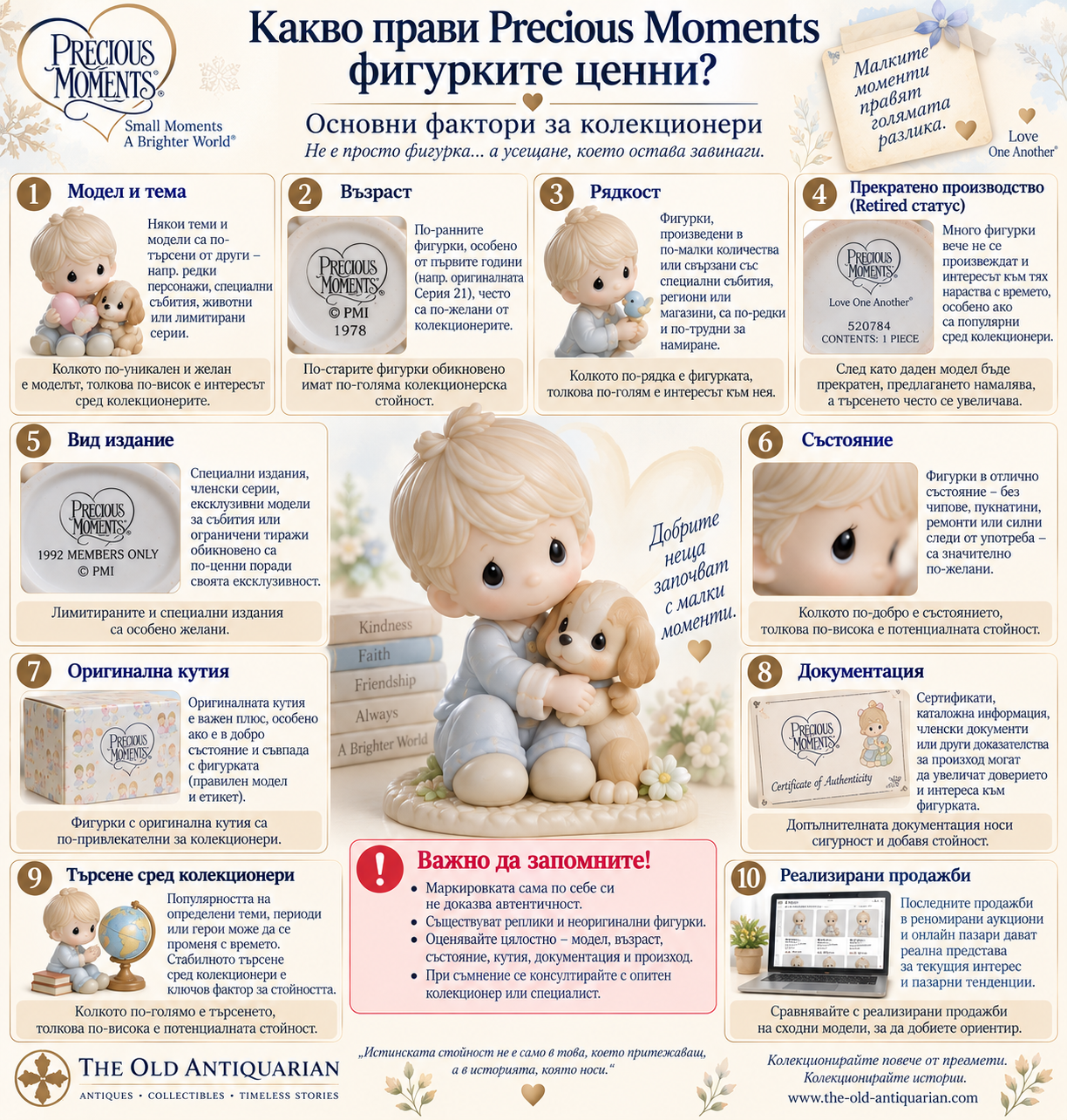 Какво прави Precious Moments фигурките ценни – модел, възраст, рядкост, retired статус, състояние, кутия и реализирани продажби
