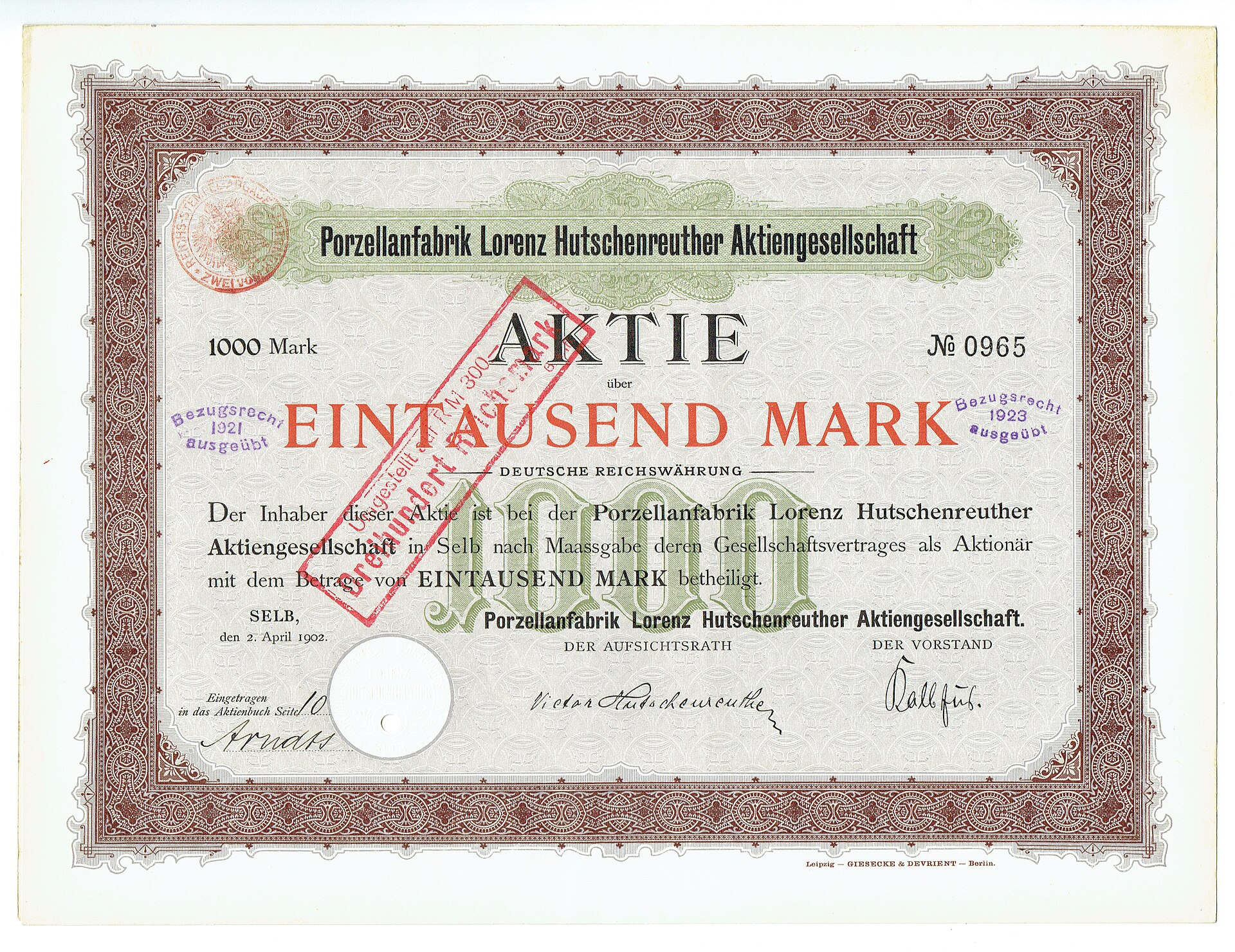 Lorenz Hutschenreuther – историческа акция, Selb 1902 Историческа акция на Porzellanfabrik Lorenz Hutschenreuther AG в Selb от 1902 г.