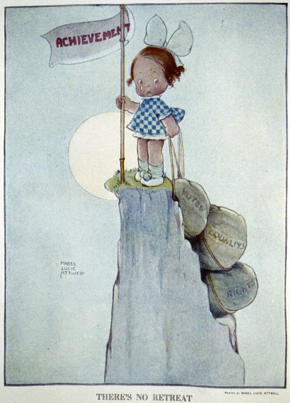 Илюстрация There’s No Retreat от Mabel Lucie Attwell с момиче, държащо знаме Achievement