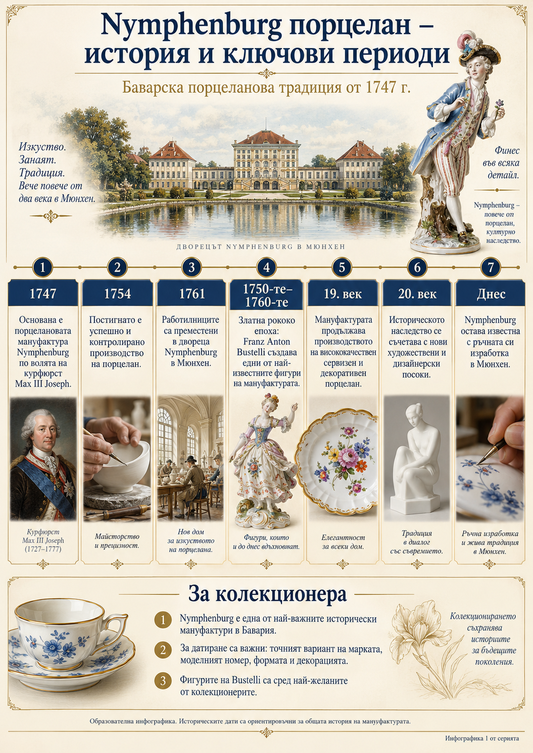 Nymphenburg порцелан – история и ключови периоди История на Nymphenburg порцелан – ключови периоди от 1747 г., Bustelli и дворцовата мануфактура до съвременното производство