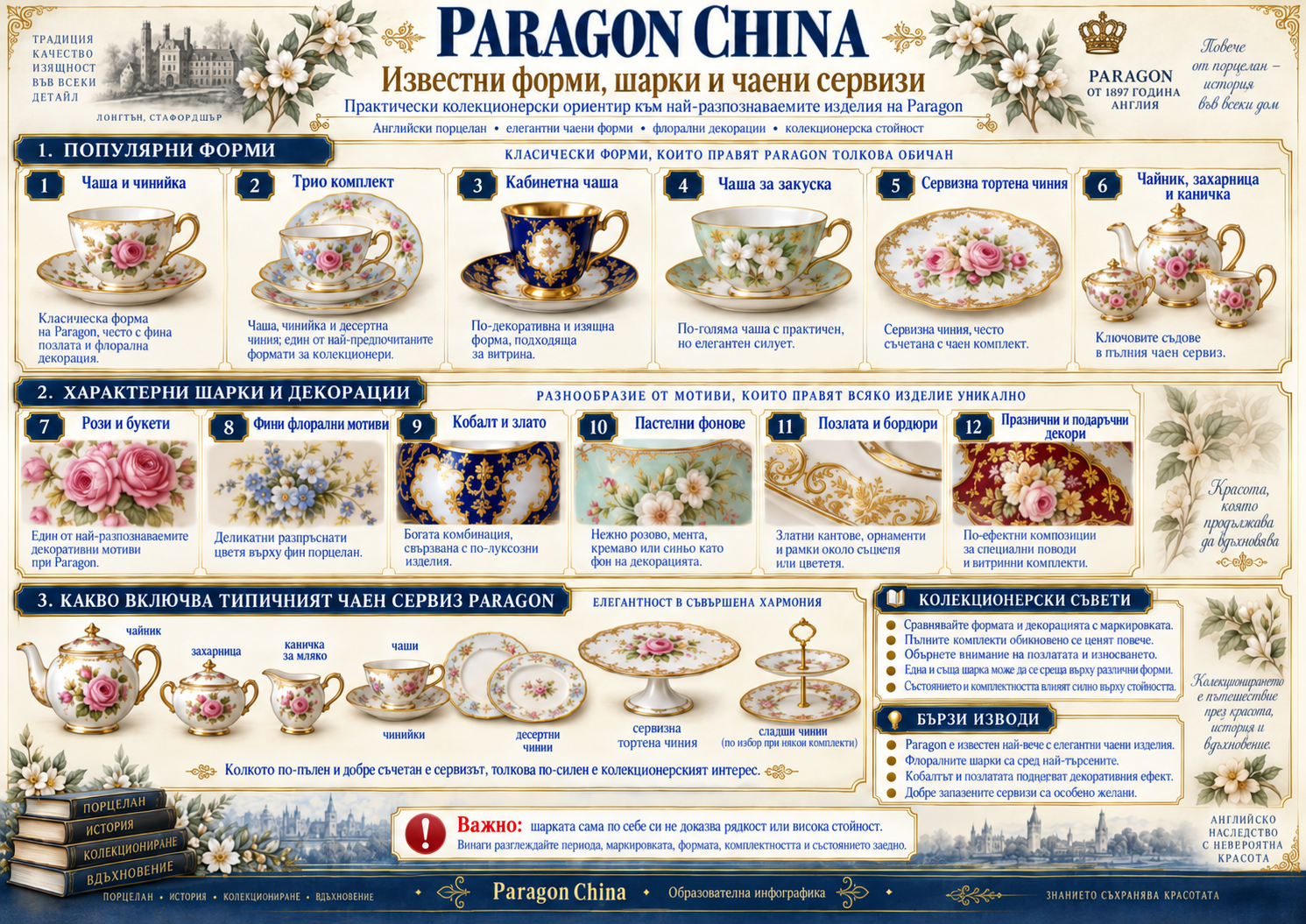 Paragon China – известни форми на чаши, популярни шарки, флорални декорации и класически английски чаени сервизи