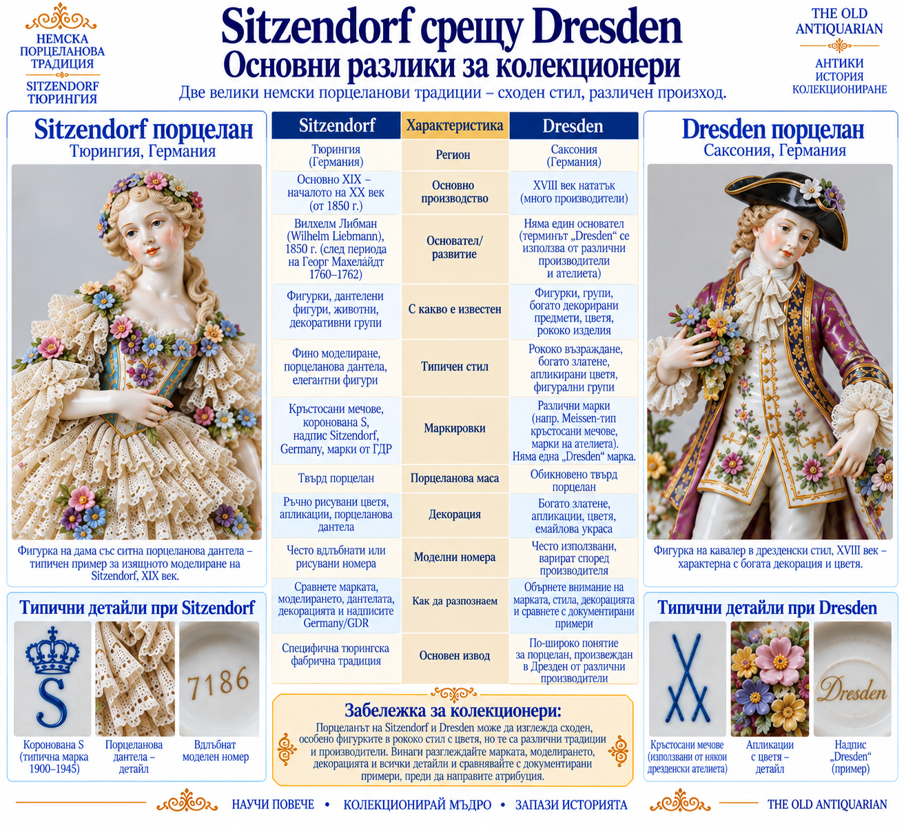 Sitzendorf срещу Dresden порцелан – сравнение на произход, маркировки, фигурки, декорация и дантела