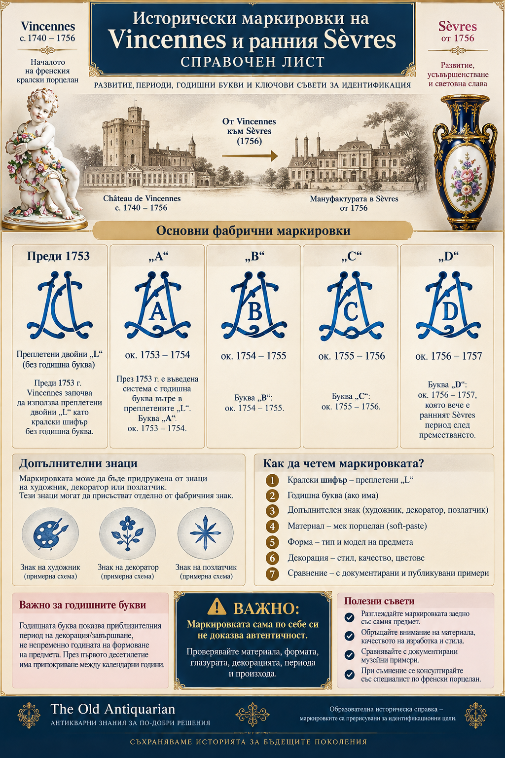Исторически маркировки на Vincennes и ранен Sèvres Исторически маркировки на Vincennes и ранен Sèvres – годишни букви, фабрични знаци и идентификация
