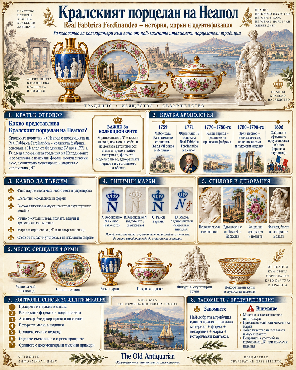 Инфографика за Кралския порцелан на Неапол и Real Fabbrica Ferdinandea с история, коронована N марка, форми, декорация и идентификация