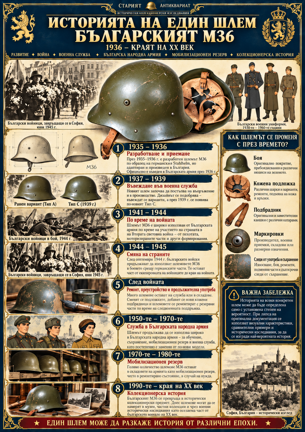 Българска инфографика за историята на каска М36 от 1936 г. до края на XX век, военна служба и следвоенни ремонти
