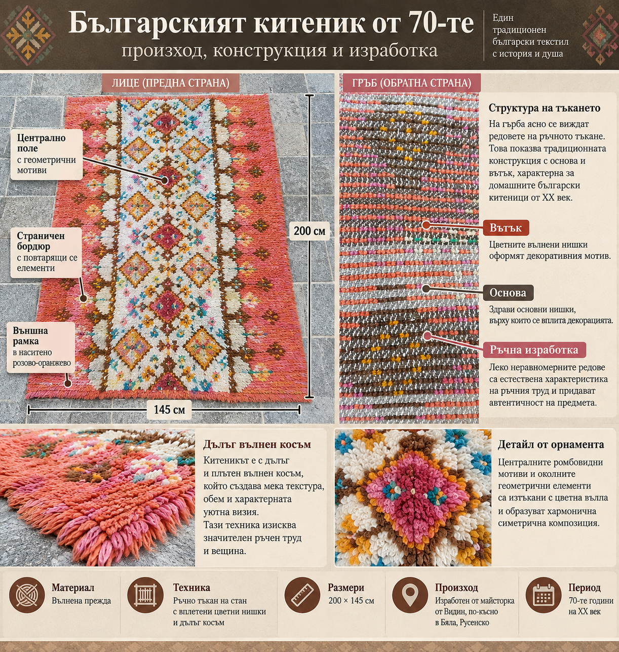 Инфографика за български китеник от 1970-те с лице и гръб, конструкция на тъкането, вълнен косъм, орнаменти и размери 200 × 145 см