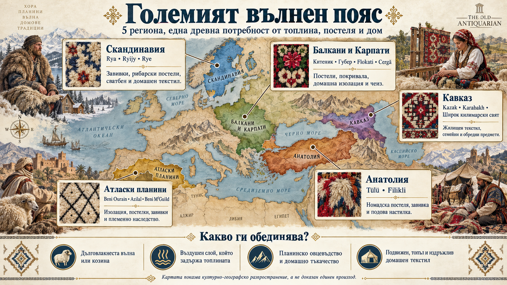 Големият вълнен пояс – история и география на рошавите килими Големият вълнен пояс – историко-географска карта на традиционните рошави килими от Скандинавия, Балканите, Анатолия, Кавказ и Атласките планини