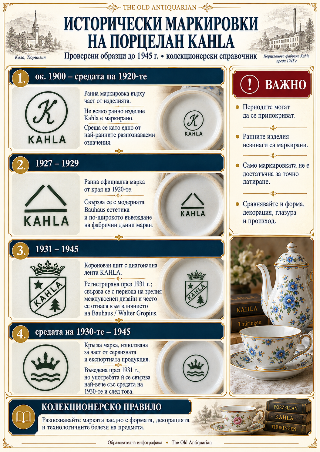 Образователна инфографика с четири исторически типа маркировки на порцелан Kahla преди 1945 г. – ранна буква K, геометричен знак и емблеми от 1931 г.